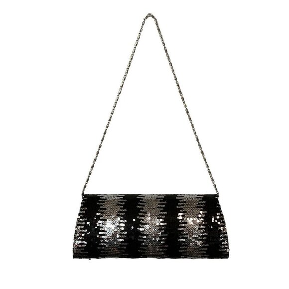 Jessica McClintock Black Sequin Handbag Clutch‎ Purse Chain Shoulder Strap - Picture 3 of 11